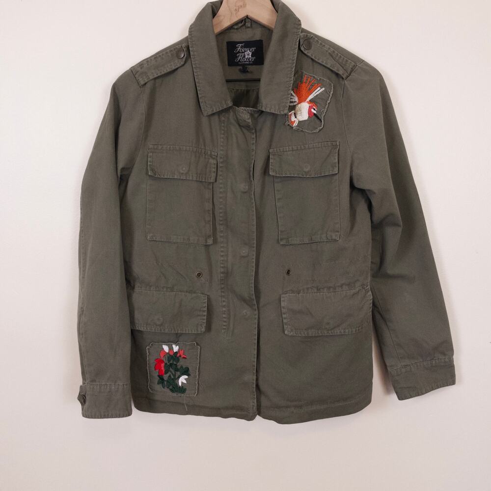 Olive Green Army Style Women's Jacket w/ Embroidered Patchwork Medium Whimsical
